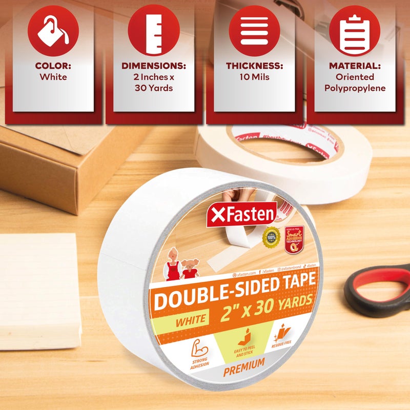 XFasten Double Sided Tape, White, Removable and Residue-Free, 2-Inch x 30 Yards, Surface Safe Two-Sided Sticky Adhesive Tape for Wall, Floor, Clothes, Rug, Fabric, Crafts and Scrapbooking - Image 3